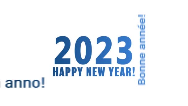 白い背景と異なる言語で青で幸せな新年のメッセージとワードクラウドのビデオアニメーション 新しい年を表します2023 — ストック動画