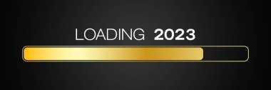 Koyu arkaplan üzerinde 2023 sayılı mesajın bulunduğu altın dolu bir barın tasviri - yeni yıl konsepti - 2023 yılını temsil ediyor..