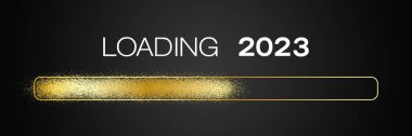 Koyu arkaplan üzerinde 2023 sayılı mesajın bulunduğu altın dolu bir barın tasviri - yeni yıl konsepti - 2023 yılını temsil ediyor..