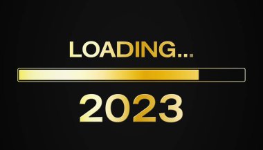Çubuğu altın olarak yükleme fikri, 2023 yılının karanlık arka plan - yeni yıl konsepti - 2023 yılını temsil ediyor..