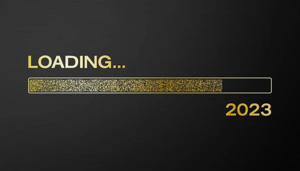 Illustration of loading bar in gold with the message loading 2023 over dark background- new year concept - represents the new year 2023.