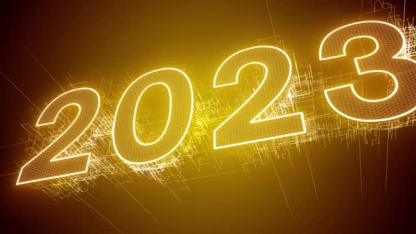 2023 이라는 숫자가 금색의 추상적 네온사인 비디오 애니메이션은 새해의 개념을 — 비디오