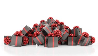 3D render - Beyaz arkaplanda kırmızı kurdeleli siyah noel hediye kutuları.