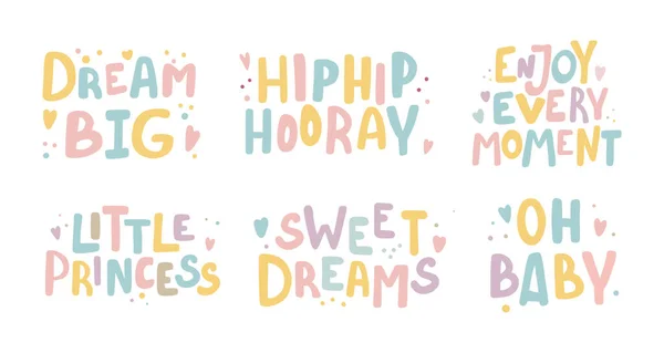Cute slogany kolekcji kolorowy zestaw pełny kolor. Elementy projektowe Cute letterng ręcznie rysowane styl — Wektor stockowy