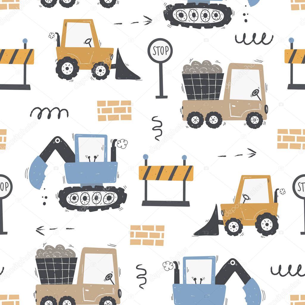 Cute childrens seamless pattern with trucks and diggers in Scandinavian style on a white background. Building equipment. Funny construction transport