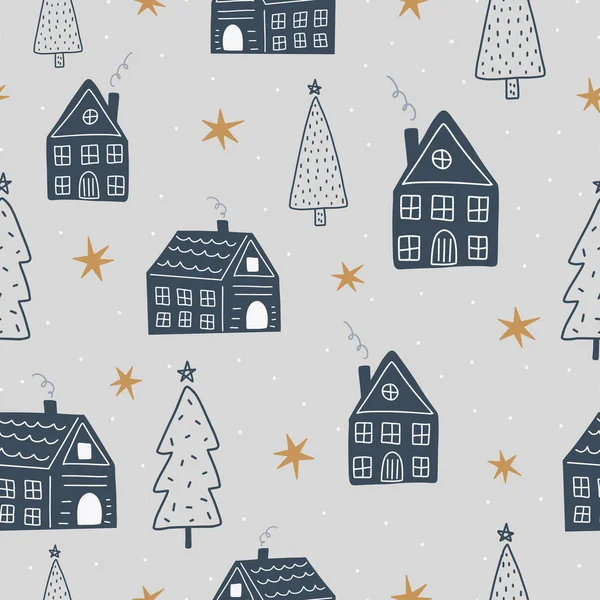 Símbolos Natal Ano Novo Com Casa Inverno Árvores Natal Mão — Vetor de Stock