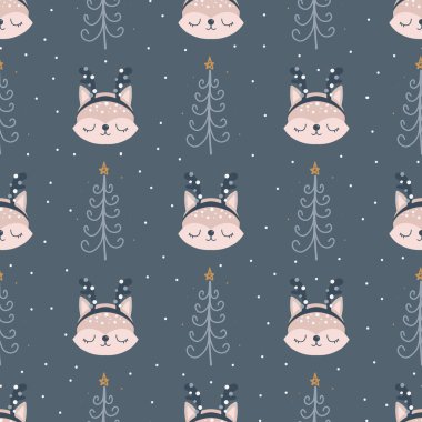 Hayvanlar ve İskandinav el desenleri kusursuz şekilde çizilmiş. Yeni yıl, Noel, yazı, kağıt, tasarım, kumaş, geçmiş için tatil dokusu. Vektör illüstrasyonu