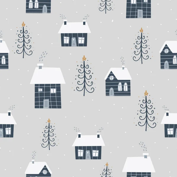 Weihnachten Und Neujahr Symbole Mit Winterhaus Und Weihnachtsbäume Skandinavischen Hand — Stockvektor