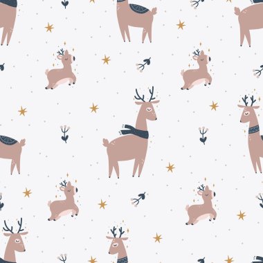 Noel ve Yeni Yıl sembolleri ağaç ve geyik İskandinav el çizimi kusursuz desen. Hoş bir iz. Dijital kağıt. Tasarım ögesi