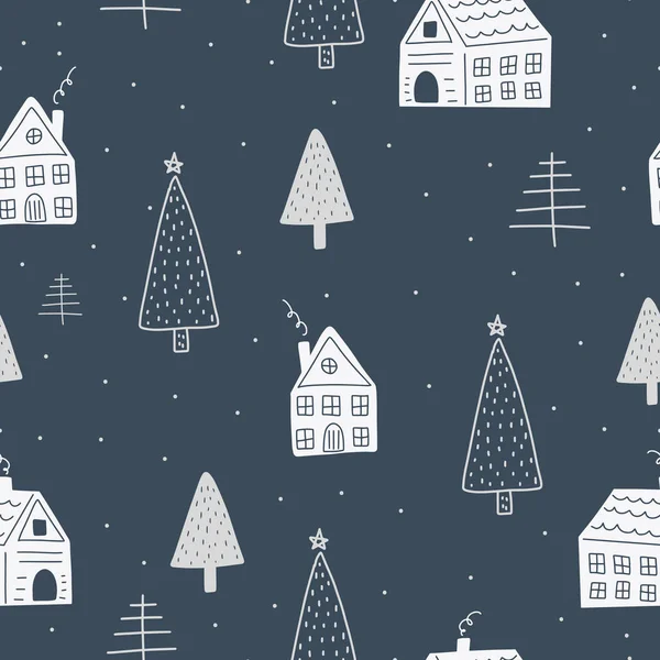 Symboles Noël Nouvel Avec Maison Hiver Arbres Noël Scandinave Motif — Image vectorielle