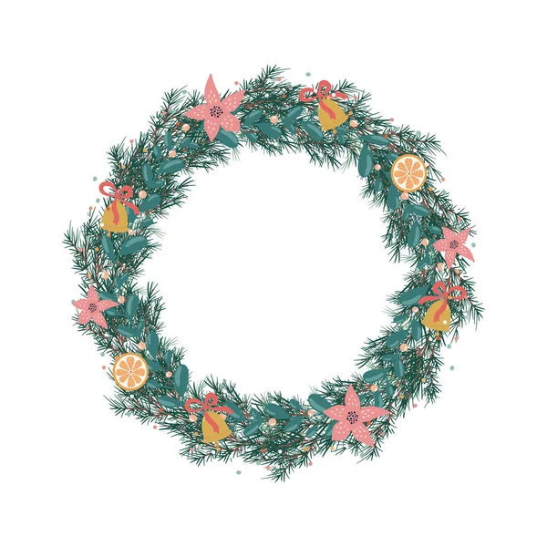 Kerst Gelukkig Nieuwjaar Illustratie Met Kerstkrans Groene Sparren Takjes Poinsettia — Stockvector