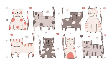 Şirin komik kedi koleksiyonu. Beyaz arka planda kontur çizgileriyle çizilmiş bir sürü sevimli hayvan. Vektör illüstrasyonu.