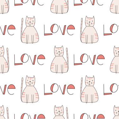 Kusursuz desenli şirin komik kediler. Yazdırma için sonsuz arkaplan. Karalama stilinde el çizimi çocuksu düz vektör çizimi.