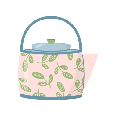 Şirin seramik renkli çaydanlık. Mutfak çanak çömleği beyaz arkaplanda izole edilmiş. El çizimi düz vektör çizimi