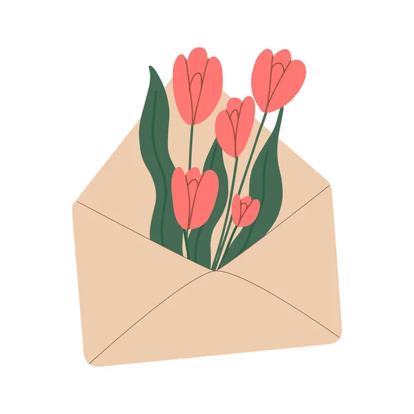 Bloemen in een envelop. Romantisch afspraakje, relatieconcept. Samenstelling of sticker design elementen — Stockvector