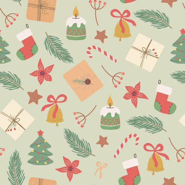 Χριστούγεννα και Ευτυχισμένο το Νέο Έτος απρόσκοπτη μοτίβο με κουτιά δώρων Χριστούγεννα, κλαδιά ελάτης και μούρα. Πρότυπο σχεδιασμού διανύσματος. — Διανυσματικό Αρχείο