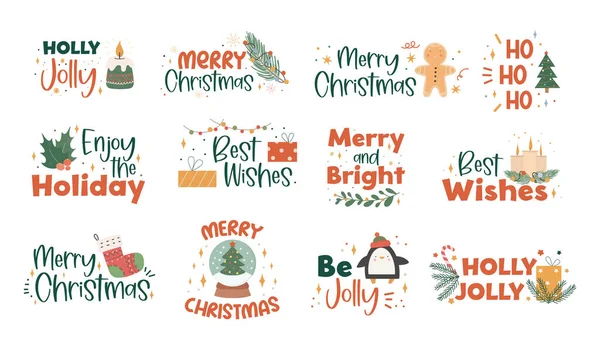 Collectie van Kerstmis handgeschreven belettering met de hand getekende vakantie decoraties - hulst bladeren, lichte slinger, kaarsen, gebreide sokken en geschenken. Feestelijke kleurrijke zinnen — Stockvector