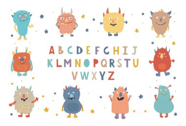 Renkli Sevimli Canavarlar takımı. Basit el çizimi İskandinav tarzı şirin çizgi film karakterleri koleksiyonu. ABC Alfabesi çocuklar için dekoratif yazı tipi. Güzel renk alfabesi. bebek harfleri.