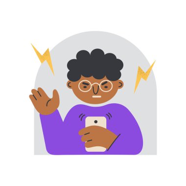 Kızgın bir adam telefona olumsuz duygularla bakar. Suratı asık sinirli bir adam elinde akıllı telefon vektörü çizimi tutuyor.