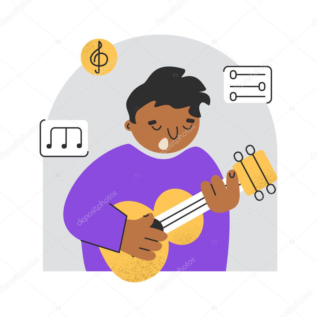 Young musician performing music on guitar. String instrument player. Colored flat vector illustration isolated on white background