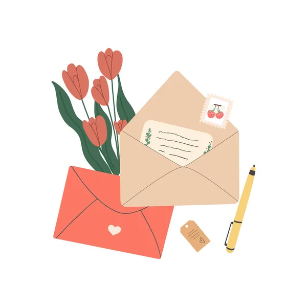 Open envelope with paper handwritten letter. Spring tulips as a gift. The concept of congratulations for Valentines Day. Flat vector illustration of mail isolated on white background — Stockvektor