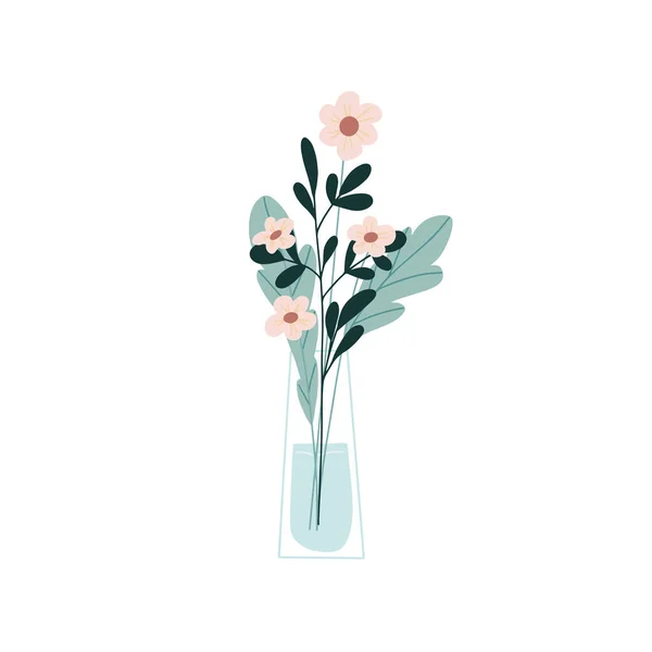 Floristic arrangement of beautiful flowers in a glass vase. An elegant bouquet of delicate flowers. Cartoon flat vector illustration isolated on white background — Vetor de Stock