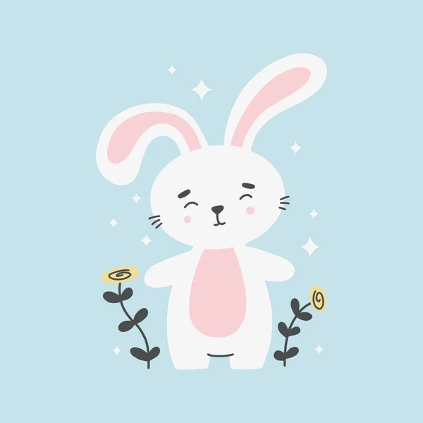 Mignon lapin souriant parmi les fleurs vecteur illustration plate. Bébé animal heureux avec plante à fleurs colorées — Image vectorielle