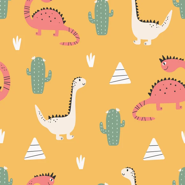 Söt dinosaurie mönster - handritad barnslig dinosaurie sömlös mönster design — Stock vektor