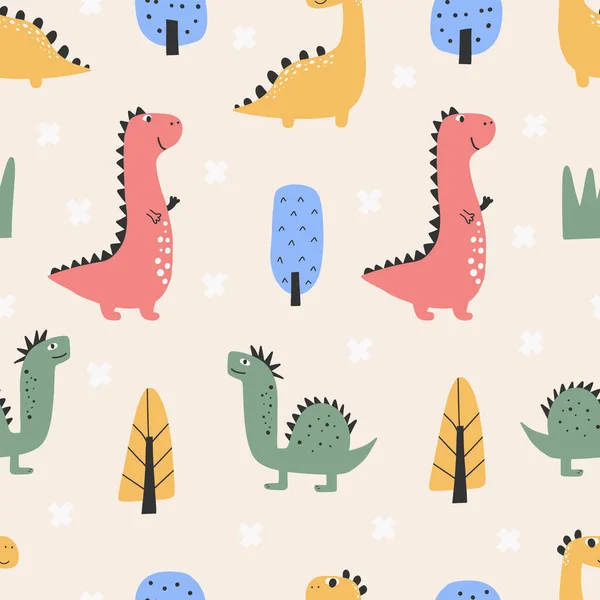 Söt dinosaurie mönster - handritad barnslig dinosaurie sömlös mönster design — Stock vektor