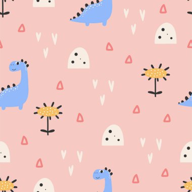 Şirin dinozor deseni - el çizimi çocuksu dinazor kusursuz desen tasarımı
