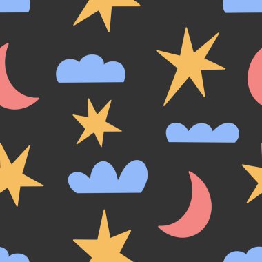 Seamless childish simple pattern for kids with cute stars, moon and clouds in modern style on a black background