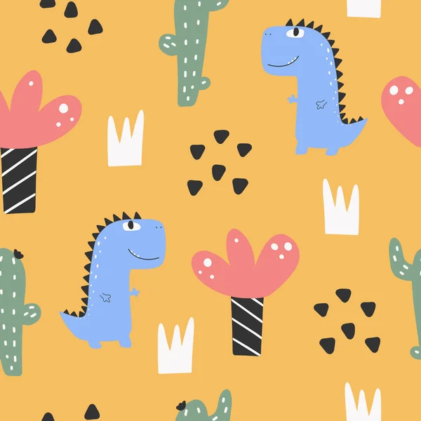 Modèle de dinosaure mignon - dessin à la main motif de dinosaure enfantin sans couture — Image vectorielle