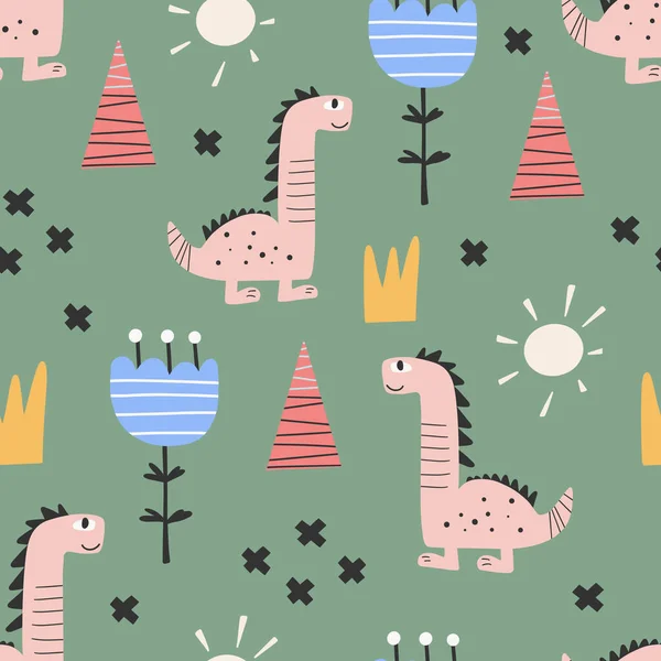 Padrão de dinossauro bonito - design de padrão sem costura de dinossauro infantil desenhado à mão — Vetor de Stock