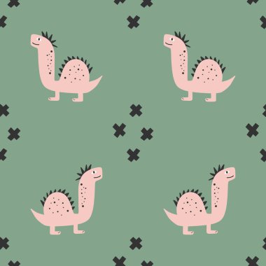 Şirin dinozor deseni - el çizimi çocuksu dinazor kusursuz desen tasarımı