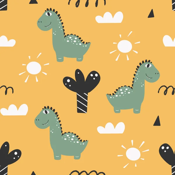 Padrão de dinossauro bonito - design de padrão sem costura de dinossauro infantil desenhado à mão —  Vetores de Stock