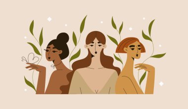 Farklı etnik kökenlere sahip farklı kadın yüzleri. Kadınların güçlenmesi. Vektörde uluslararası kadın günü grafiği