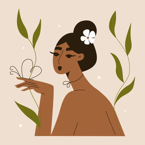 Jonge mooie Afro-Amerikaanse Aziatische vrouw met een bloem in haar haar. Vrouwelijke geestelijke gezondheid. Schoonheid van de natuur. Zelfzorg, liefde, welzijn. Vectorillustratie van vrouwendag — Stockvector