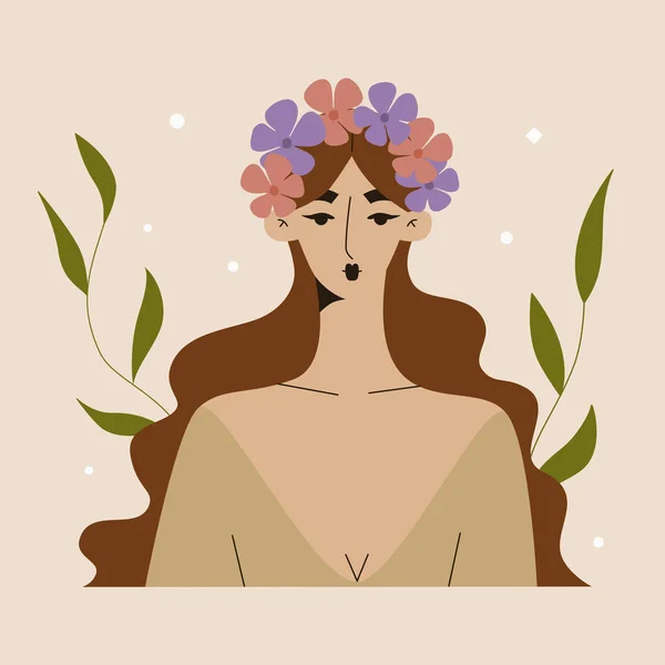 Μια νεαρή όμορφη γυναίκα με ένα στεφάνι από λουλούδια στο κεφάλι. Γυναικεία ψυχική υγεία, ανθισμένο μυαλό, θετικό μυαλό και άνοιξη. Κορίτσι Η ομορφιά της φύσης. Εικονογράφηση φορέα ημέρα των γυναικών — Διανυσματικό Αρχείο
