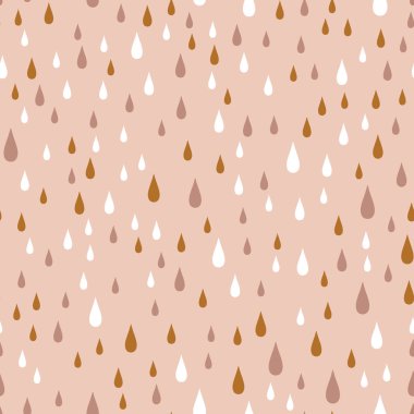 Bej arkaplanda çok renkli su damlaları olan kusursuz bir süs. Doğa, sıvı, yağmur deseni. Vektör dijital kağıt