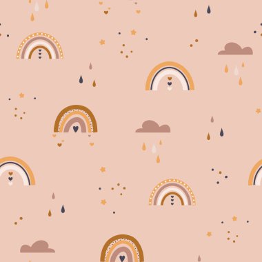 Şirin boho gökkuşağı kusursuz desen. Kumaş, ambalaj, tekstil, duvar kağıdı, giyim için yaratıcı çocuksu baskı