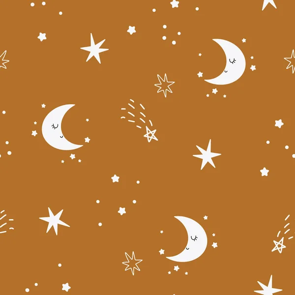 Niedliche nahtlose Muster des kindlichen Sternenhimmels. Mond mit Sternen im Hintergrund. Vektor einfache Kinder handgezeichneten Hintergrund im Cartoon-Stil — Stockvektor