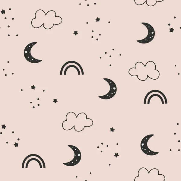 Mignon motif sans couture du ciel étoilé enfantin. Lune avec des étoiles en arrière-plan. Vecteur simple enfants fond dessiné à la main dans le style de dessin animé — Image vectorielle