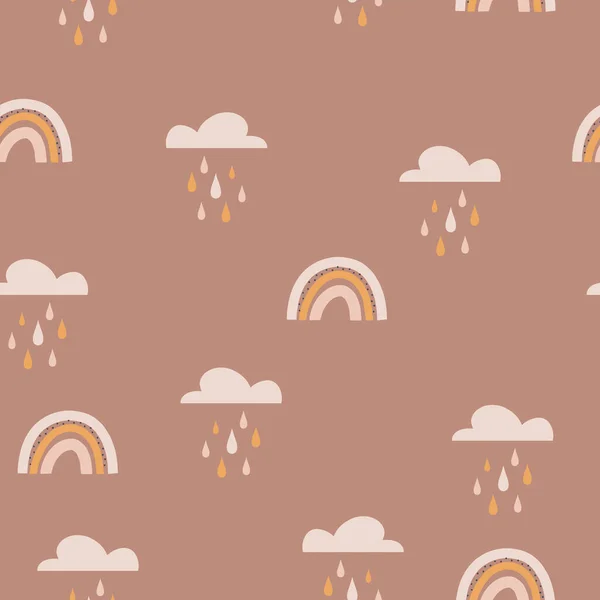 Boheemse regenboog patroon. Kinderachtige vector naadloos patroon met lucht, wolken, regen. Leuke met de hand getekende illustratie in Scandinavische stijl. pastelkleuren ideaal voor babykleding, textiel — Stockvector
