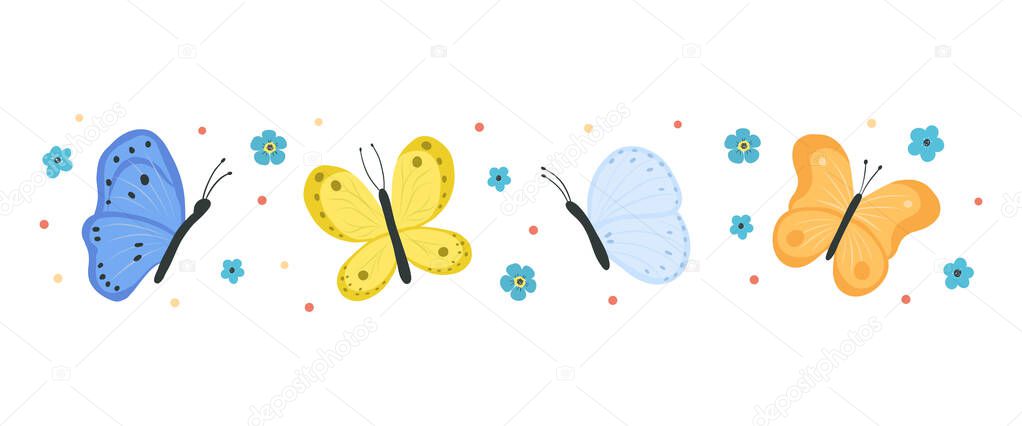 Collection of butterflies and moths isolated on white background. Set of flying insects with colorful wings. Bundle of decorative design elements. Flat vector illustration