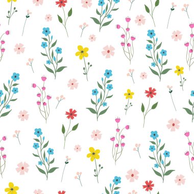 Kusursuz çiçek deseni. Çiçek açan ve çiçek açan parlak çiçekli bir arka plan. Tekstil için renkli düz vektör çizimi. Doku tasarımı tekrarlanıyor