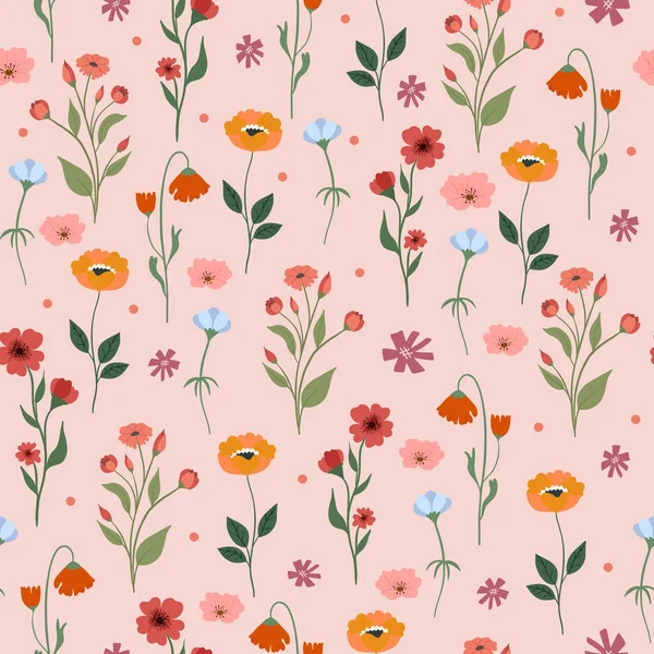 Padrão de flor sem costura. Fundo floral brilhante com flores e flores imprimir. Ilustração vetorial plana colorida para têxteis. Design de textura repetitiva — Vetor de Stock