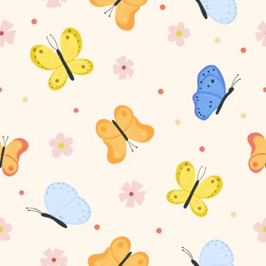 Mükemmel kelebekleri ve çiçekleri olan kusursuz bir desen. Duvar kağıdı ya da ambalaj kağıdı için dekorasyon. Uçan güvelerle tasarlanmış. Sonsuz renkli düz vektör çizimi