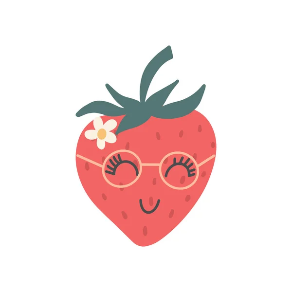 Funny strawberry character with a happy face. Vector cartoon in simple scandinavian hand drawn style — Stock Vector