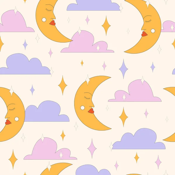 Seamless pattern with moon and clouds, Pop Color Style Flat Design 70s. Cool trendy retro of hipster retro cool psychedelic elements. Trend vector illustration — стоковый вектор