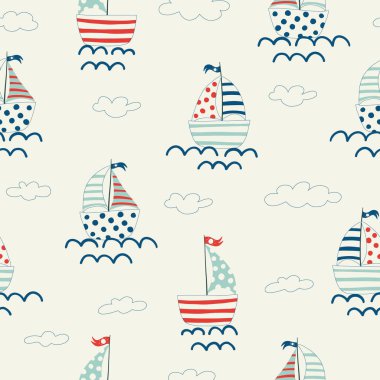 Vector color seamless repeating childish simple pattern with cute ships in Scandinavian style. Childrens pattern with ships. Sea print clipart